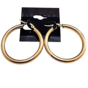 1 1/2 Inch 39mm Wide Band Hoop Pierced Post Earrings Polished Gold Tone